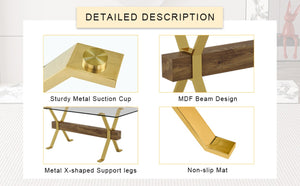 English Elm Large Glass Top Dining Table Seats Eight with Tempered Surface and Sculptural Base 71 x 35.4 x 30 Gold, Transparent W1151S02349