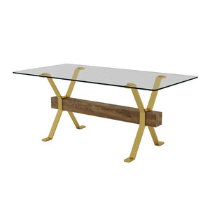 English Elm Large Glass Top Dining Table Seats Eight with Tempered Surface and Sculptural Base 71 x 35.4 x 30 Gold, Transparent W1151S02349