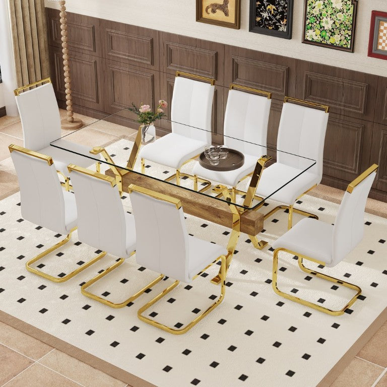 English Elm Table and Chair Set Tempered Glass Top Dining with Gold X Legs and 8 White PU Seats W1151S02352