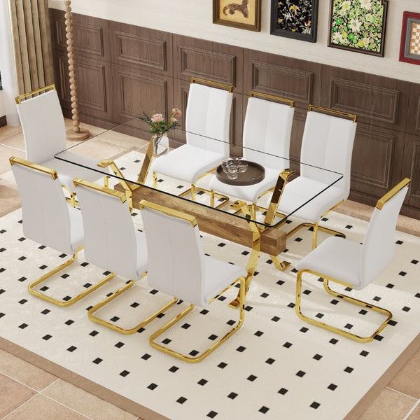 English Elm Table and Chair Set Tempered Glass Top Dining with Gold X Legs and 8 White PU Seats W1151S02352
