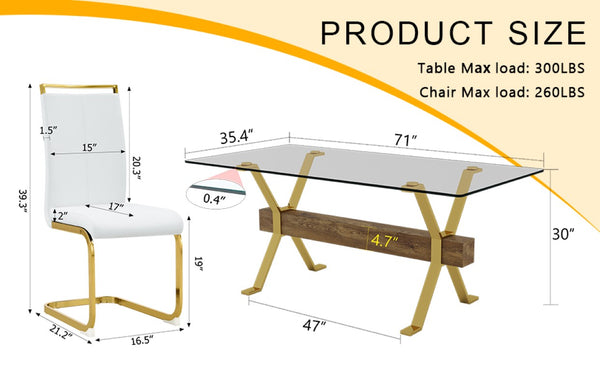 English Elm Table and Chair Set Tempered Glass Top Dining with Gold X Legs and 8 White PU Seats W1151S02352