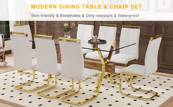 English Elm Table and Chair Set Tempered Glass Top Dining with Gold X Legs and 8 White PU Seats W1151S02352
