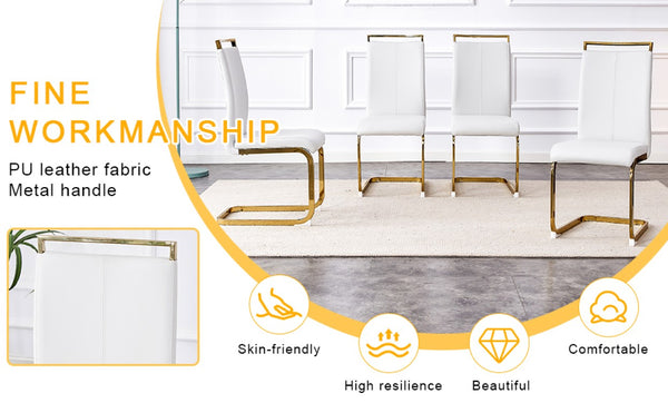 English Elm Table and Chair Set Tempered Glass Top Dining with Gold X Legs and 8 White PU Seats W1151S02352