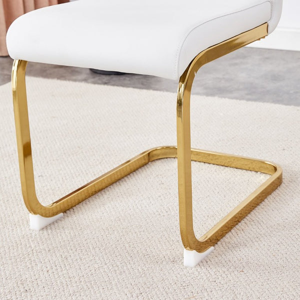 English Elm Table and Chair Set Tempered Glass Top Dining with Gold X Legs and 8 White PU Seats W1151S02352