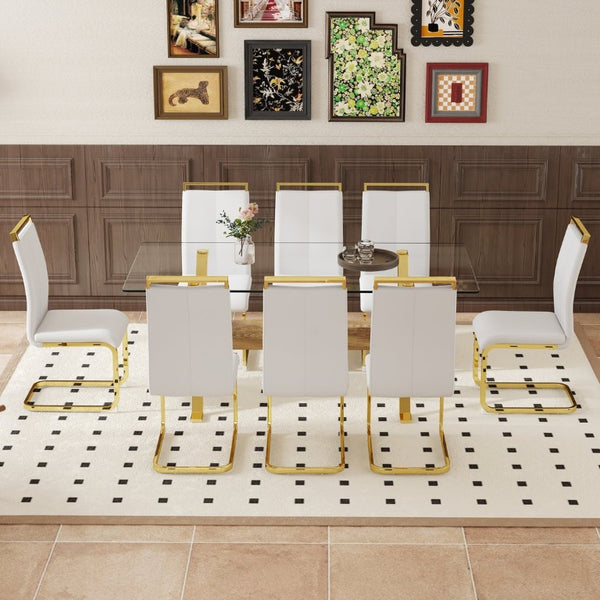 English Elm Table and Chair Set Tempered Glass Top Dining with Gold X Legs and 8 White PU Seats W1151S02352