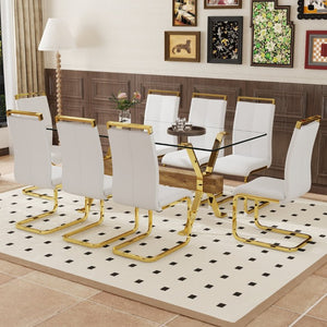 English Elm Table and Chair Set Tempered Glass Top Dining with Gold X Legs and 8 White PU Seats W1151S02352