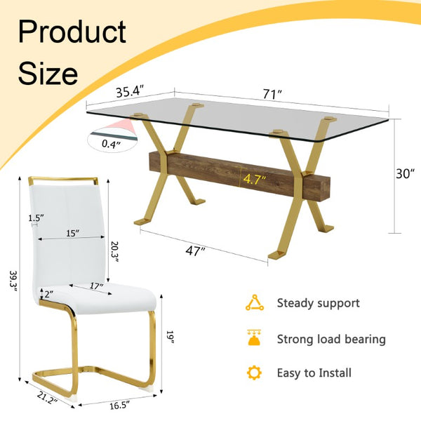 English Elm Table and Chair Set Tempered Glass Top Dining with Gold X Legs and 8 White PU Seats W1151S02352