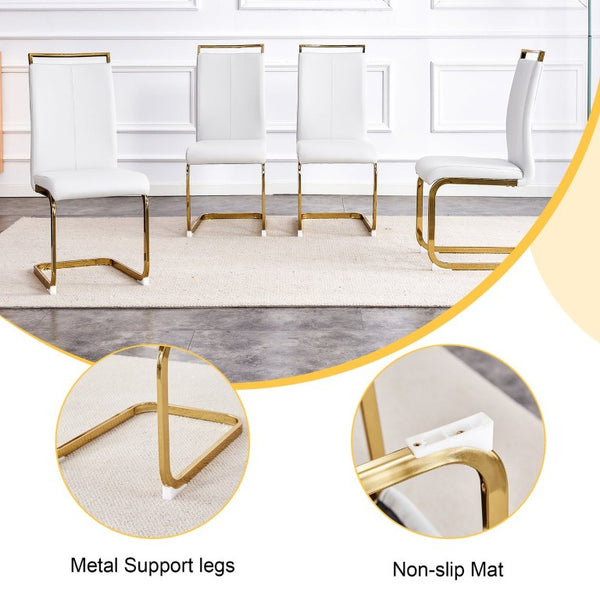 English Elm Table and Chair Set Tempered Glass Top Dining with Gold X Legs and 8 White PU Seats W1151S02352