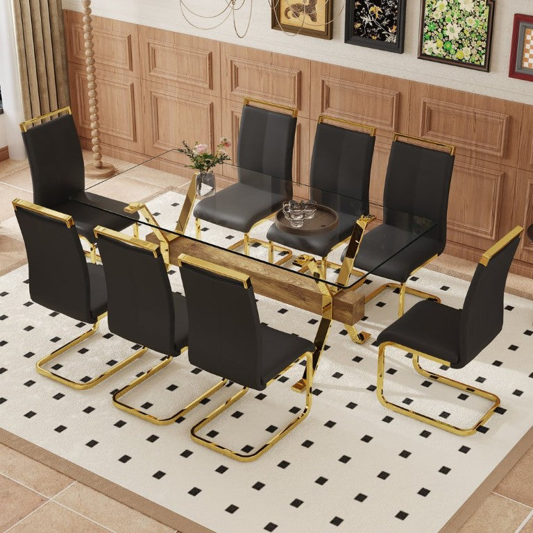 English Elm Table and Chair Set Eight Seat Glass Top Dining with Gold Metal Legs and PU Chairs W1151S02354