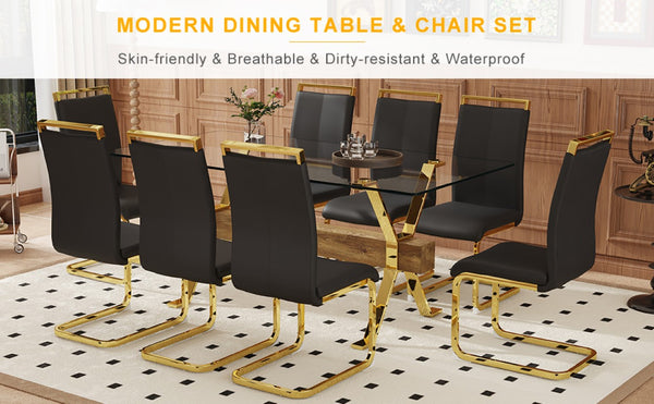 English Elm Table and Chair Set Eight Seat Glass Top Dining with Gold Metal Legs and PU Chairs W1151S02354