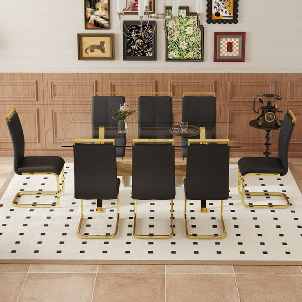 English Elm Table and Chair Set Eight Seat Glass Top Dining with Gold Metal Legs and PU Chairs W1151S02354
