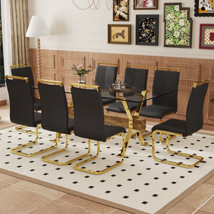 English Elm Table and Chair Set Eight Seat Glass Top Dining with Gold Metal Legs and PU Chairs W1151S02354