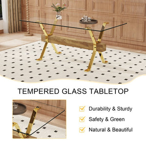 English Elm Table and Chair Set Eight Seat Glass Top Dining with Gold Metal Legs and PU Chairs W1151S02354