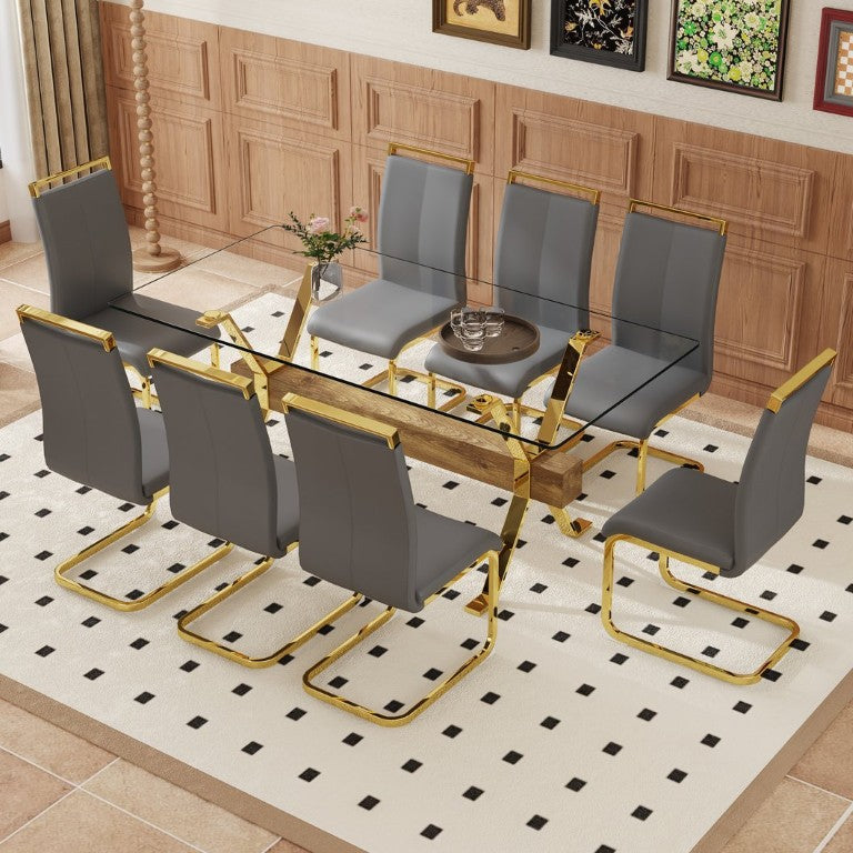 English Elm Table and Chair Set Glass Top Nine Piece Dining with Gold Metal Legs for Modern Rooms W1151S02356