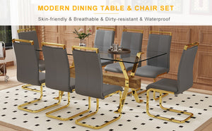 English Elm Table and Chair Set Glass Top Nine Piece Dining with Gold Metal Legs for Modern Rooms W1151S02356