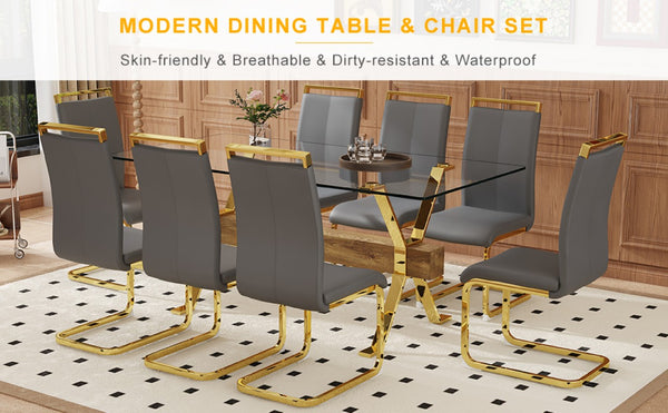 English Elm Table and Chair Set Glass Top Nine Piece Dining with Gold Metal Legs for Modern Rooms W1151S02356