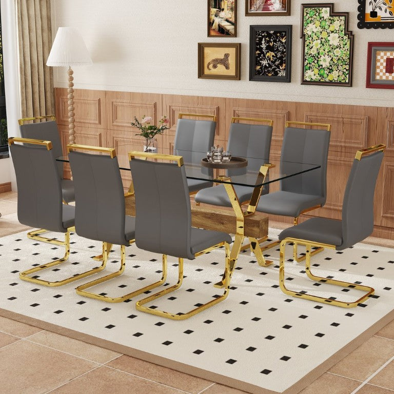 English Elm Table and Chair Set Glass Top Nine Piece Dining with Gold Metal Legs for Modern Rooms W1151S02356