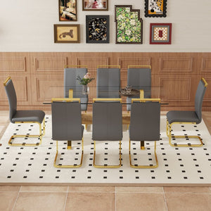 English Elm Table and Chair Set Glass Top Nine Piece Dining with Gold Metal Legs for Modern Rooms W1151S02356