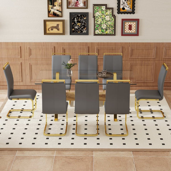 English Elm Table and Chair Set Glass Top Nine Piece Dining with Gold Metal Legs for Modern Rooms W1151S02356