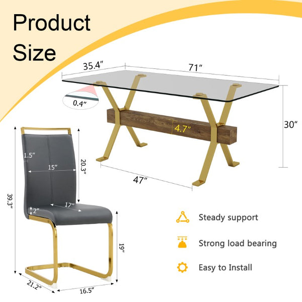 English Elm Table and Chair Set Glass Top Nine Piece Dining with Gold Metal Legs for Modern Rooms W1151S02356