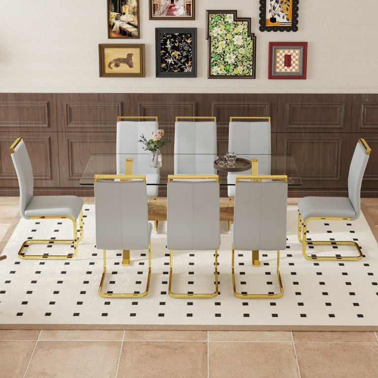 English Elm Table and Chair Set Glam Glass Top Dining for Eight with Golden Metal Legs Gray PU W1151S02358