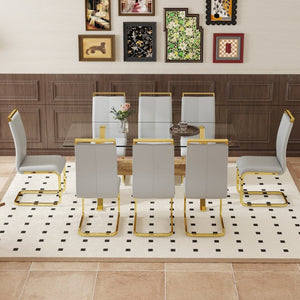 English Elm Table and Chair Set Glam Glass Top Dining for Eight with Golden Metal Legs Gray PU W1151S02358