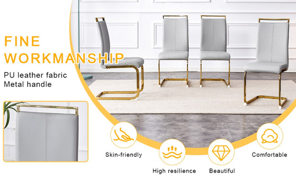 English Elm Table and Chair Set Glam Glass Top Dining for Eight with Golden Metal Legs Gray PU W1151S02358