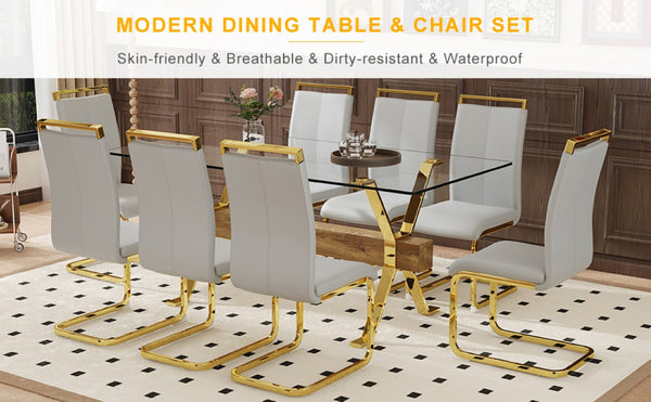 English Elm Table and Chair Set Glam Glass Top Dining for Eight with Golden Metal Legs Gray PU W1151S02358
