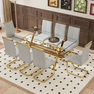 English Elm Table and Chair Set Glam Glass Top Dining for Eight with Golden Metal Legs Gray PU W1151S02358