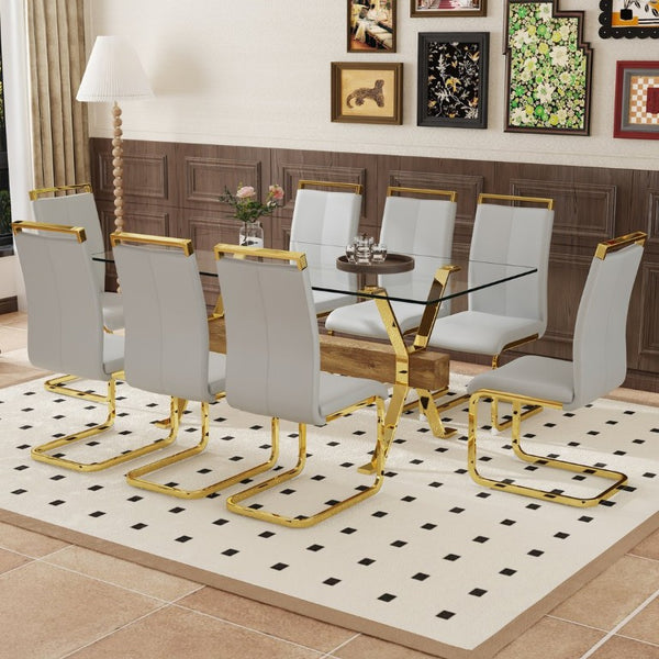 English Elm Table and Chair Set Glam Glass Top Dining for Eight with Golden Metal Legs Gray PU W1151S02358