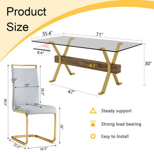 English Elm Table and Chair Set Glam Glass Top Dining for Eight with Golden Metal Legs Gray PU W1151S02358
