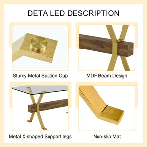 English Elm Table and Chair Set Glam Glass Top Dining for Eight with Golden Metal Legs Gray PU W1151S02358