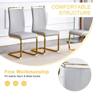 English Elm Table and Chair Set Glam Glass Top Dining for Eight with Golden Metal Legs Gray PU W1151S02358