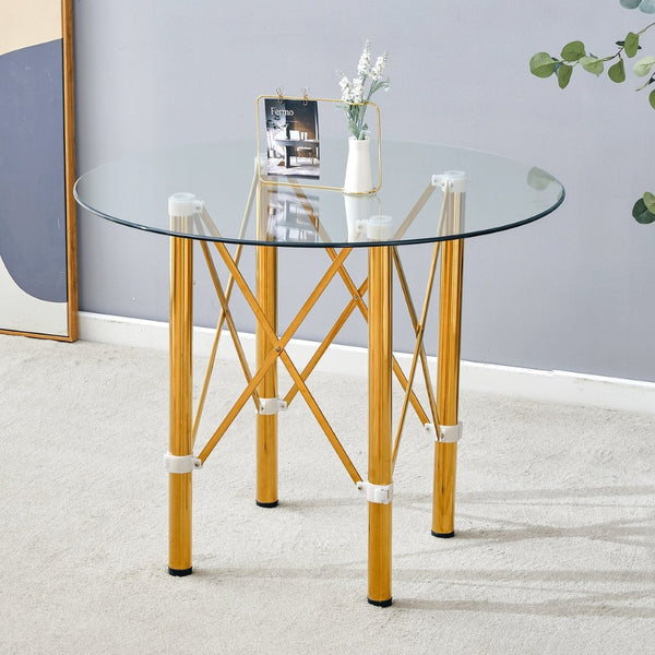 English Elm Elegant Round Tempered Glass Dining Table with Gold Steel Legs for Small Spaces W1151S03026