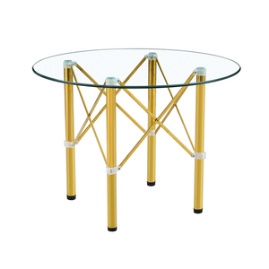English Elm Elegant Round Tempered Glass Dining Table with Gold Steel Legs for Small Spaces W1151S03026