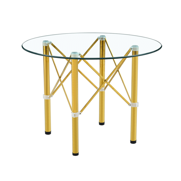 English Elm Elegant Round Tempered Glass Dining Table with Gold Steel Legs for Small Spaces W1151S03026