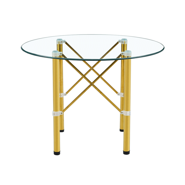 English Elm Elegant Round Tempered Glass Dining Table with Gold Steel Legs for Small Spaces W1151S03026