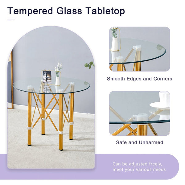 English Elm Elegant Round Tempered Glass Dining Table with Gold Steel Legs for Small Spaces W1151S03026