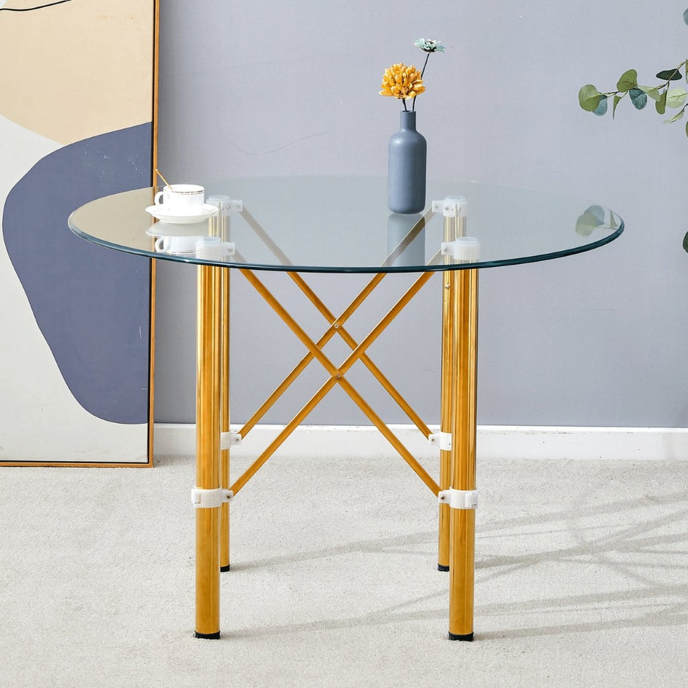English Elm Elegant Round Tempered Glass Dining Table with Gold Steel Legs for Compact Spaces W1151S03027