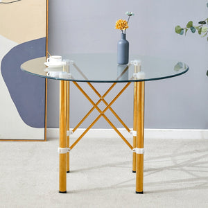 English Elm Elegant Round Tempered Glass Dining Table with Gold Steel Legs for Compact Spaces W1151S03027
