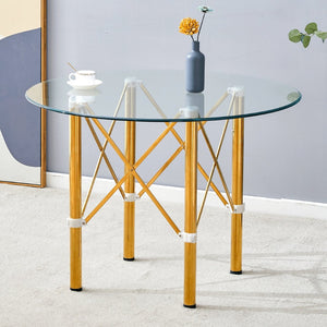 English Elm Elegant Round Tempered Glass Dining Table with Gold Steel Legs for Compact Spaces W1151S03027