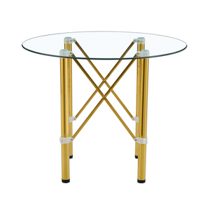 English Elm Elegant Round Tempered Glass Dining Table with Gold Steel Legs for Compact Spaces W1151S03027