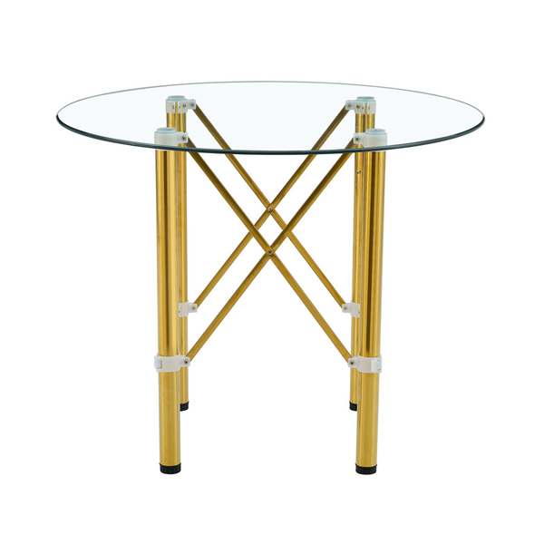 English Elm Elegant Round Tempered Glass Dining Table with Gold Steel Legs for Compact Spaces W1151S03027
