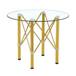 English Elm Elegant Round Tempered Glass Dining Table with Gold Steel Legs for Compact Spaces W1151S03027
