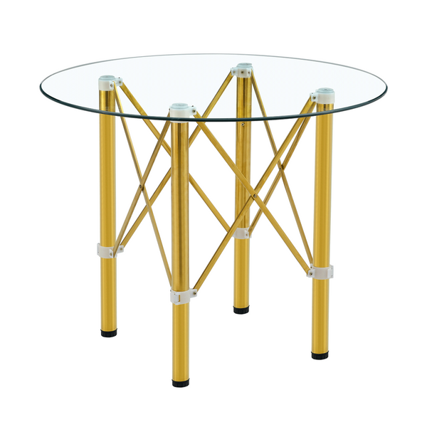 English Elm Elegant Round Tempered Glass Dining Table with Gold Steel Legs for Compact Spaces W1151S03027