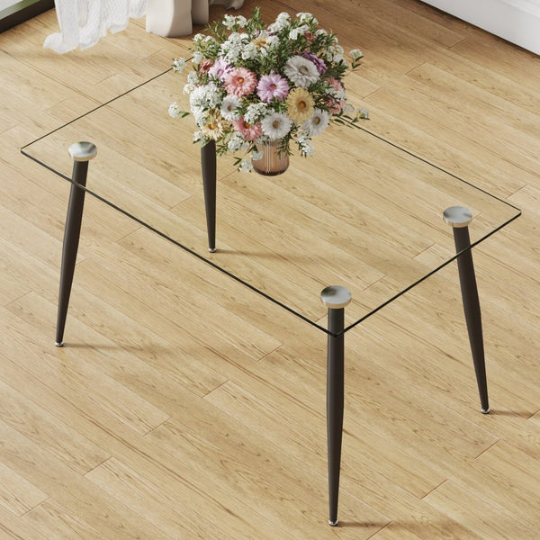 English Elm Modern Tempered Glass Rectangular Dining Table Seating Six with Sleek Black Metal Legs W1151S03178