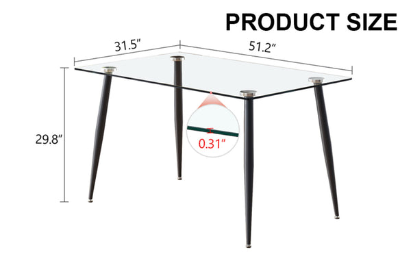English Elm Modern Tempered Glass Rectangular Dining Table Seating Six with Sleek Black Metal Legs W1151S03178