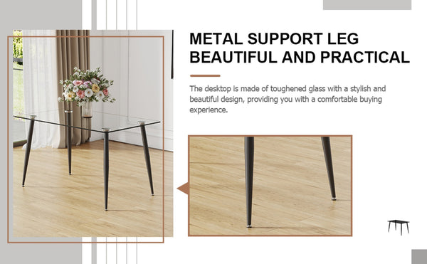 English Elm Modern Tempered Glass Rectangular Dining Table Seating Six with Sleek Black Metal Legs W1151S03178