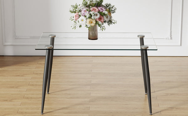 English Elm Modern Tempered Glass Rectangular Dining Table Seating Six with Sleek Black Metal Legs W1151S03178