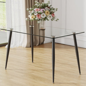 English Elm Modern Tempered Glass Rectangular Dining Table Seating Six with Sleek Black Metal Legs W1151S03178